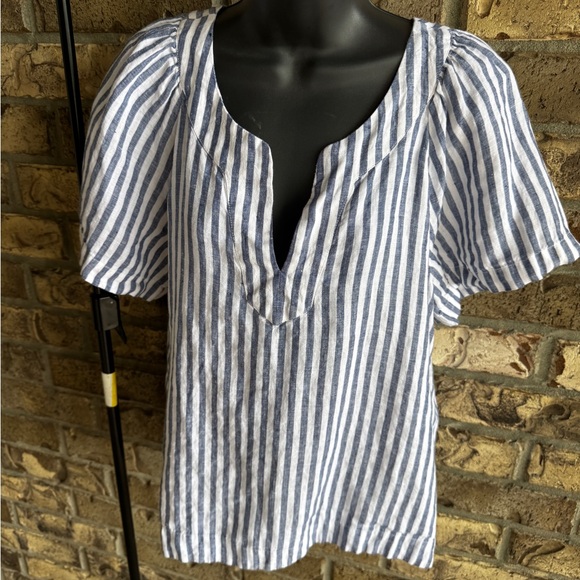 J. Crew Flutter-Sleeve Linen V-Neck Top Medium Blue White Stripe - Picture 14 of 14